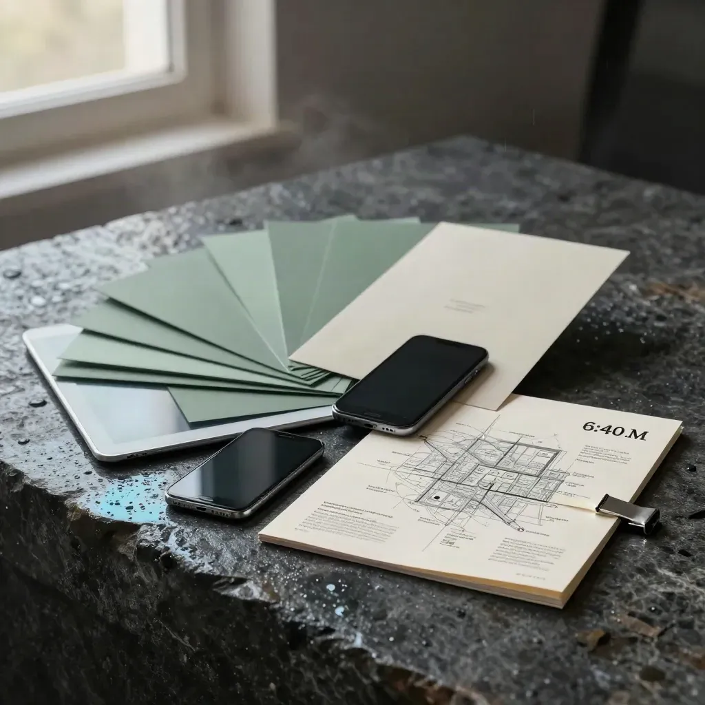 SEO strategy folio with tablet, phone, and site-map board on wet stone at dawn.