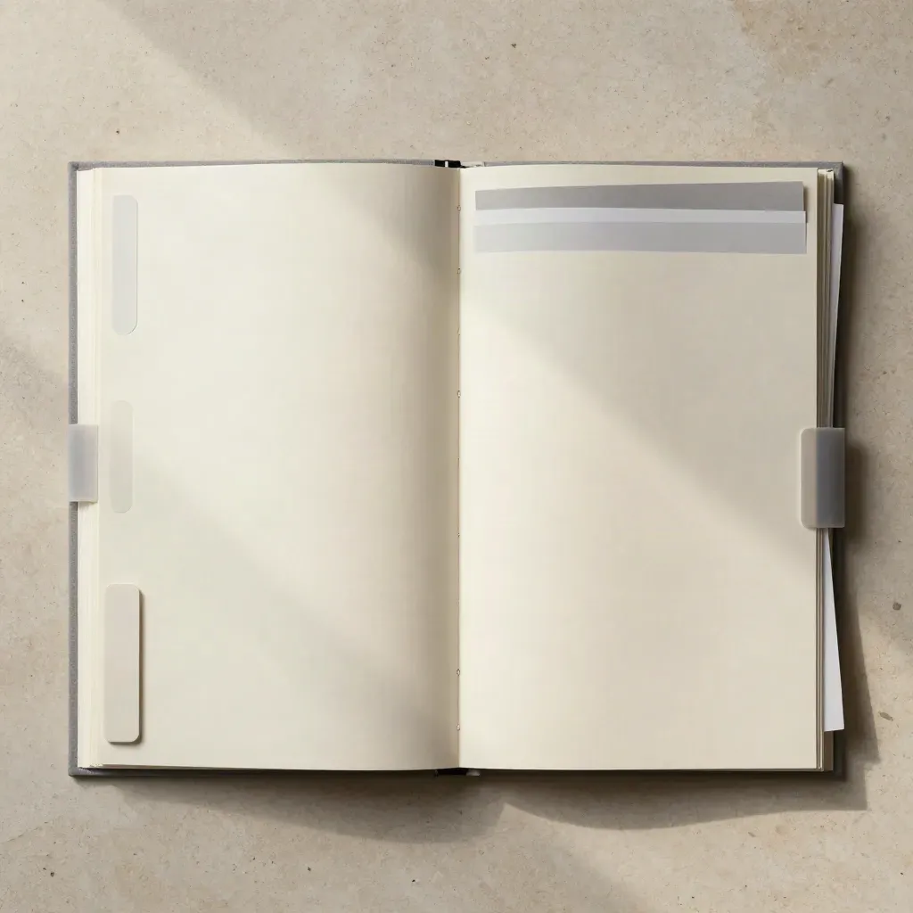 Overhead flatlay of an open audit folio with tabs, paper swatches, and a pen sleeve on travertine.