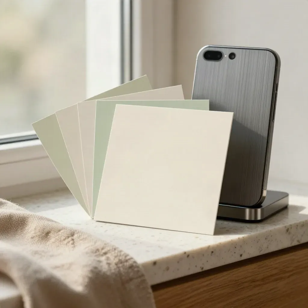 Social content kit cards with folded backdrop and phone dock on travertine