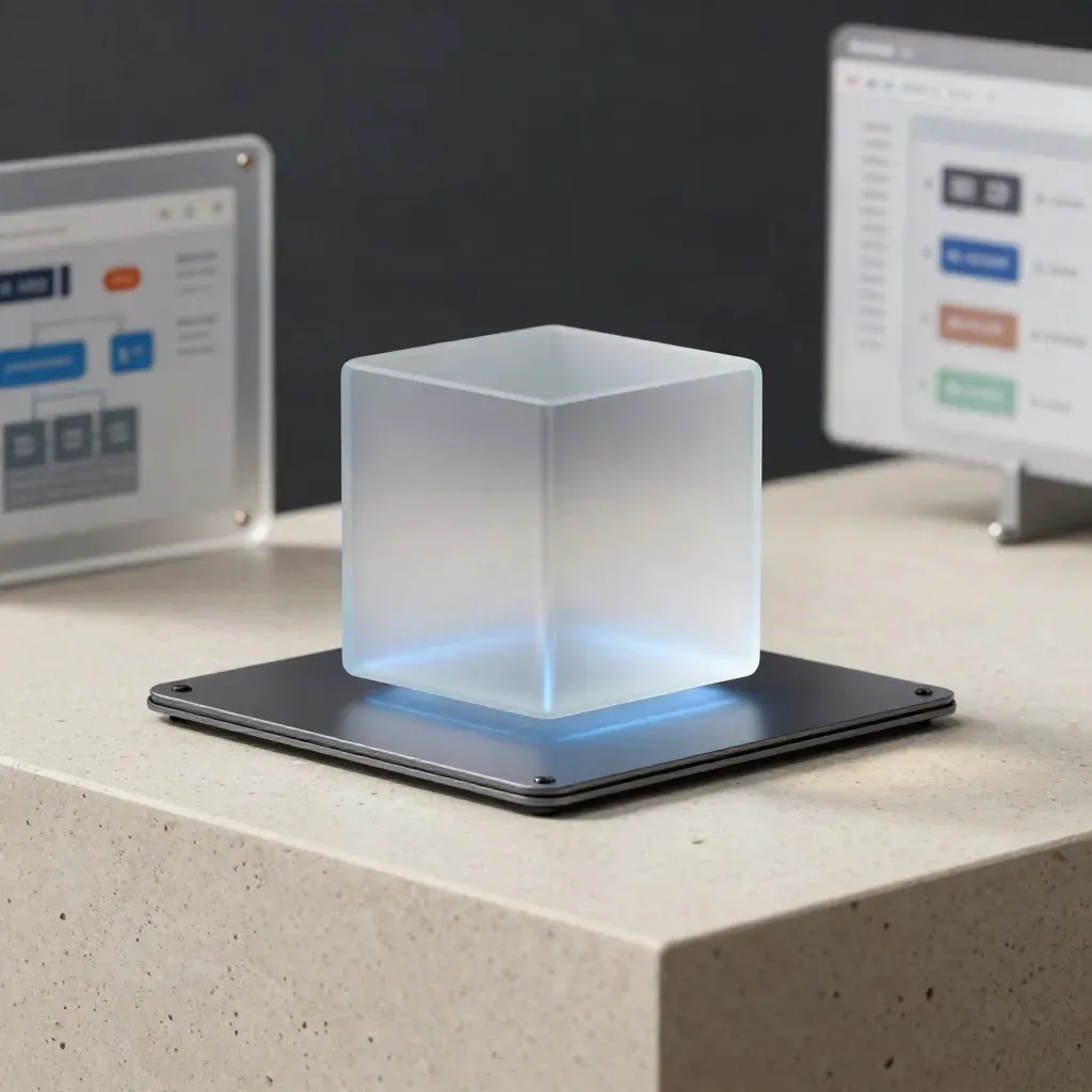 Translucent analytics module on travertine with blue glow in a sleek digital studio